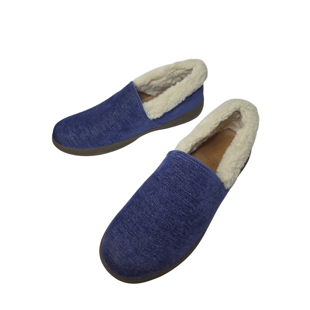 Vionic Clare Blue Faux Fur Lined Orthotic Slippers W's 9.5 Denim Look Textile